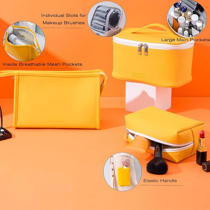 FITINI 3 Pieces Makeup Bag for Women Travel Toiletry Bag Portable Cosmetic Pouch Organizer with Girls Small Brush Holders Zipper Waterproof Storage Case,Yellow
