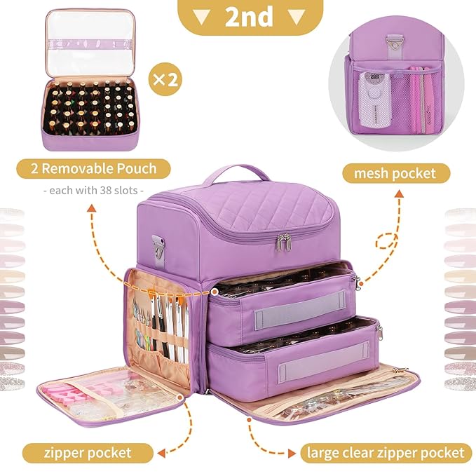 CUBETASTIC Extra Large Nail Polish Organizer Case Holds 86 to 100+ Bottles Nail Polish & Nail Lamp, Nail Supplies Storage Carrying Bag with 2 Removable Pouches (Purple, 86 Slots)