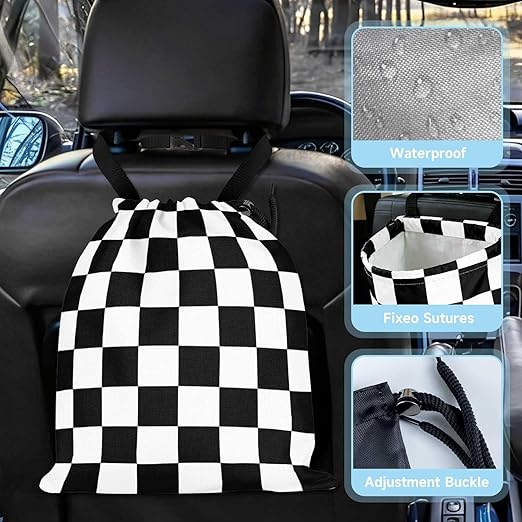 Black White Chessboard Car Trash Bag - Waterproof Car Trash Bag Hanging Leakproof Car Garbage Bag - Washable Reusable Trash Bag For Car Interior Hanging Organizer Storage Vehicle Travelling Camping