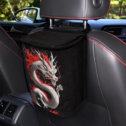 Biyejit Dragon Print Car Trash Can with Lid and Removable Leakproof Liner - Universal Fit Behind Center Console in Back Seat - Holds 2 Gallons of Car Garbage