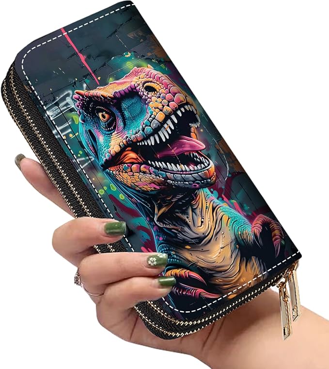 Women's Large Capacity Wallet PU Leather Double Zipper Clutch Purse Multifunctional Wallet with Removable Wristlet Strap for Smart Phone/Coin/Card/Cash - Dinosaur