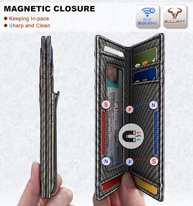 BULLIANT Magnetic Closure Slim Wallet-Genuine Leather Front Pocket Wallet for Men,RFID Blocking,Holds 12 Cards and Money Clip