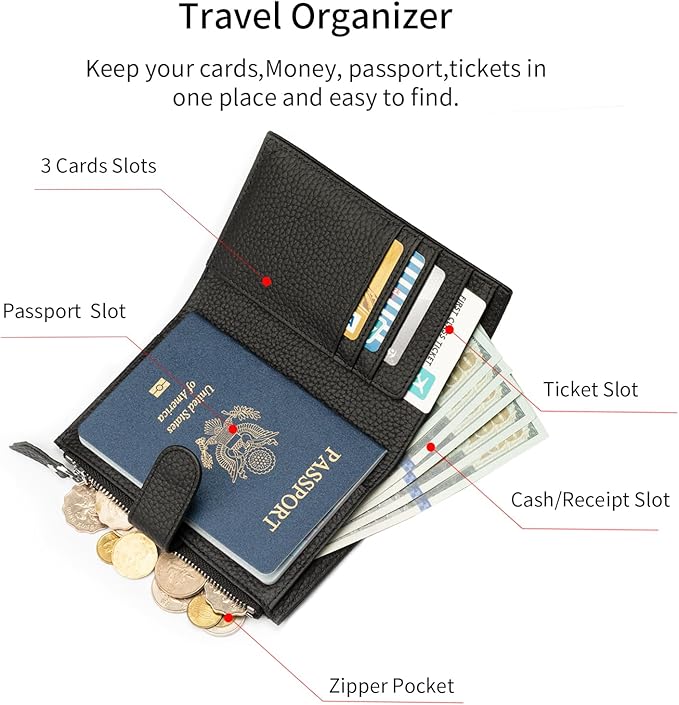 Passport wallet and Card Slot Combo RFID Blocking Slim Leather Travel Passport Wallet for Men and Women with Zippered Coins Pocket Passport holder,Black