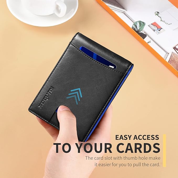 RUNBOX Slim Wallet for Men Genuine Leather RFID Blocking Bifold Minimalist Front Pocket Mens Wallet with Money Clip Thin Gift Box