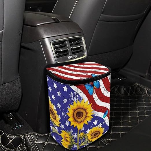 Biyejit Car Trash Can with Lid Car Accessories Leak Proof Car Trash Bag Hanging Waterproof Car Garbage Can Multipurpose Storage Container for Back Seat Road Trip, American Flag Sunflower