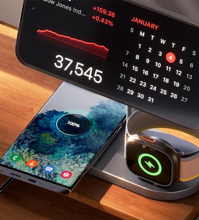 KU XIU X23 PRO Magnetic Wireless Charging Stand, 3-in-1 Charging Station for iPhone 17/16/15/14/13/12 & iPhone Air, 5W for iWatch S11–4/SE/Ultra 3/2/1, AirPods 4/3/2/Pro – Wood Grain