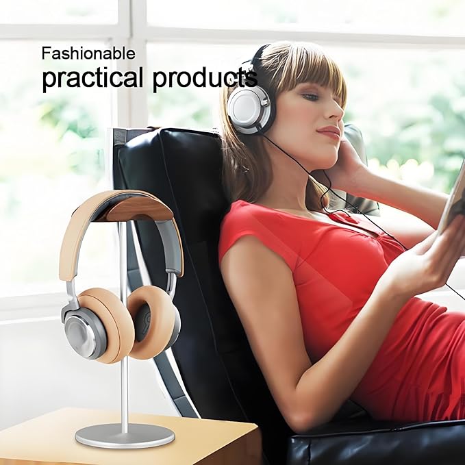 Headphone Stand Headset Holder with Wood and Aluminum Desktop Stand for Desk with Solid Heavy Base for All Headphone Sizes (Silver)