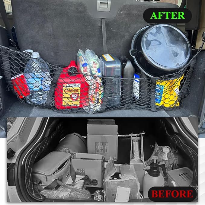 Car Rear Cargo Net, Truck Bed Cargo Net Organizer, Adjustable Elastic Trunk Storage Nets, Heavy Duty Cargo Nets with Metal Hooks, Universal Exterior Accessories for Cars SUVs Trucks (43.31")