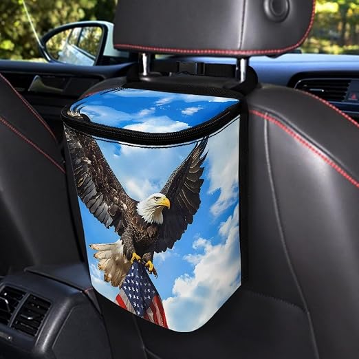 Biyejit Eagle American Flag Car Trash Can with Lid and Storage Pockets, Vehicle Trash Bag Waterproof Car Dustbin Garbage Bin Organizer, Leak-Proof Hanging Cars Storage Bag Container for SUV Auto