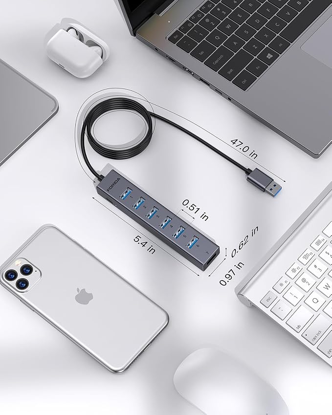 FORIDA USB Hub 8 Port, 7 USB 3.0 Data Ports + USB C 5V/3A Power Port, 47 Inch/120CM Long Cable USB Splitter, Portable USB Hub for Laptop, PC, MacBook, Flash Drive & More - Dark Gray