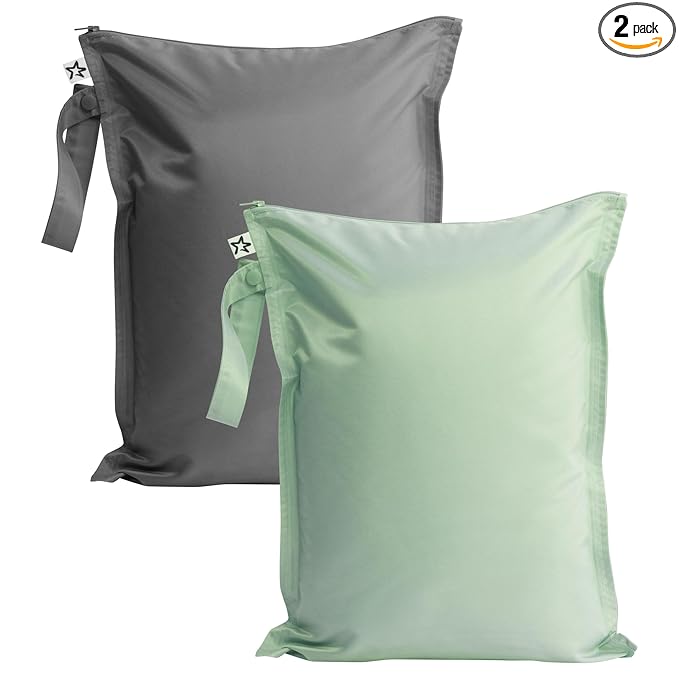 Tiny Twinkle Mess Proof Wet Bags | 2-Pack Reusable Waterproof Wet Bags for Swimsuits | Baby Clothes | Travel & Diaper Bag (Sage, Charcoal)
