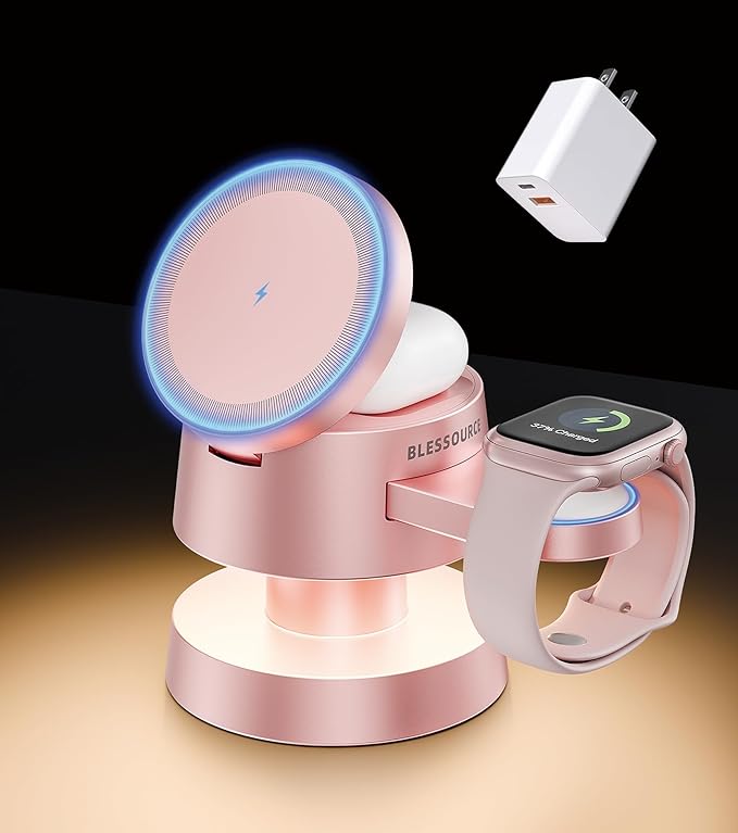 4-in-1 Magnetic Wireless Charging Station for iPhone 17/16/15/14 Pro Max, with Night Lamp and 20W Adapter Wireless Charging Station Fast Charging for Apple Watch, Earphones & Multiple Devices