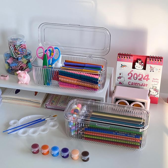 Clear Pen Organizer with Lid, Plastic Desk Drawer Accessories Storage Box for Home Office and School Classroom Organization, Art and Crafts Case for Marker, Pencils, Stationery