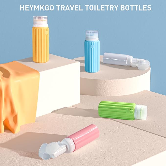 HEYMKGO 5 Pack Travel Bottles Set - 3 Leak Proof Silicone Squeezable Containers for Toiletries,2 Pump Bottles, Conditioner, Shampoo, Face & Body Wash Accessories