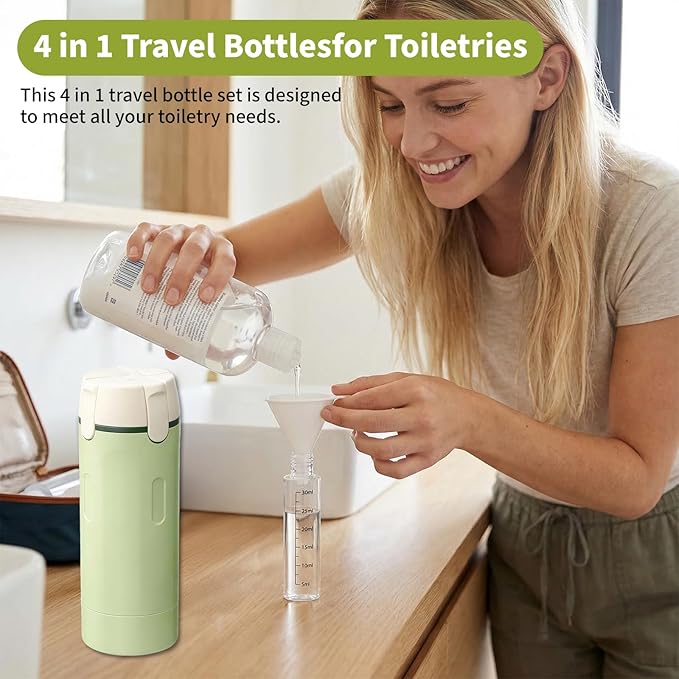 4 in 1 Travel Dispenser Bottles, 2026 New Refillable Travel Toiletries Bottle Set, Leak Proof Portable Size Containers for Shampoo Lotion Conditioner Cream (White)