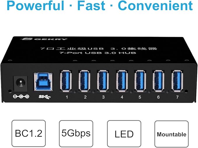 USB 3.0 Hub, USB Data Hub, Metal Case Mountable 7-Port Powered USB Hub 3.0 with 36W AC Adapter-Type A