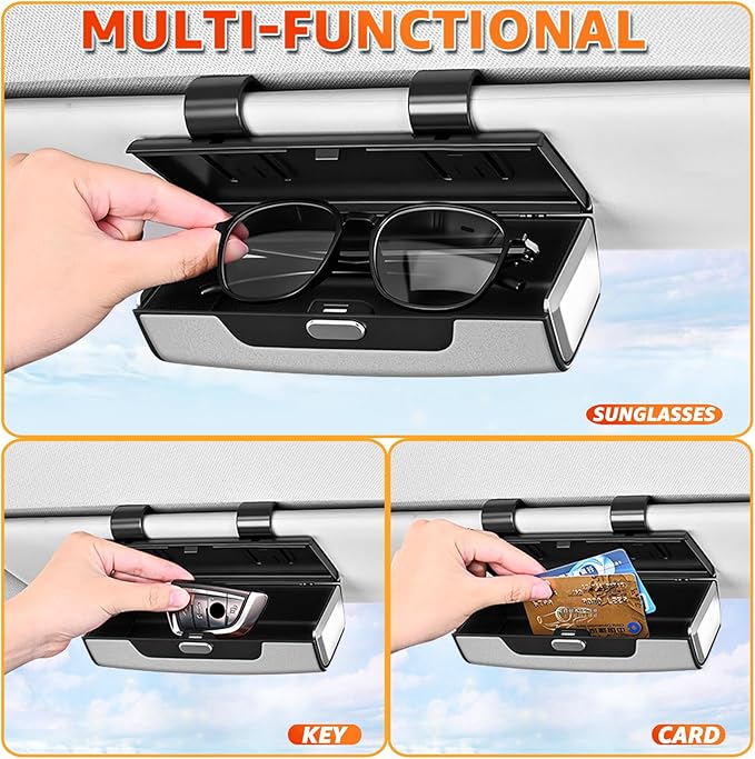 Car Sunglasses Holder for Sun Visor, Button Leather Eyeglass Hanger and Interior Storage Box