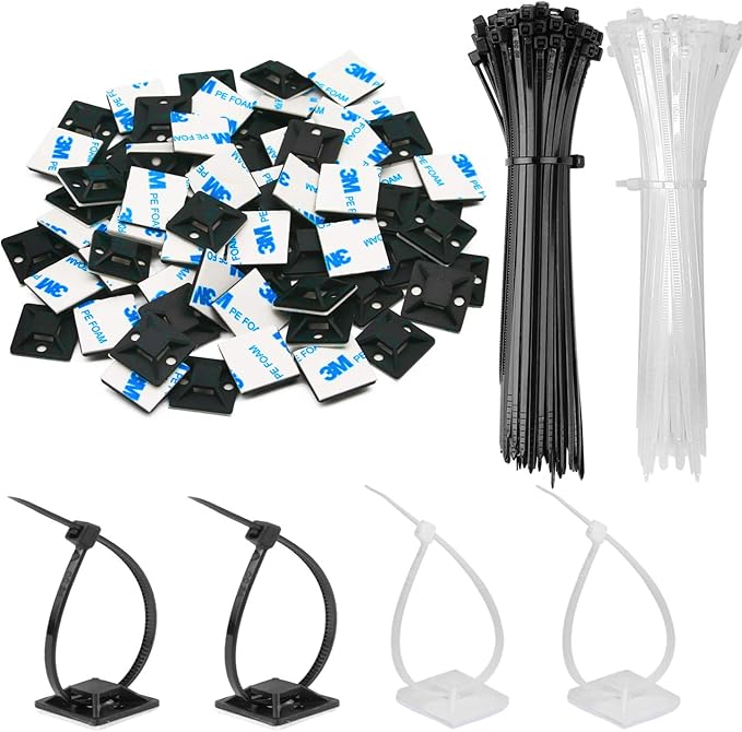 200 Pack 3/4" Zip Tie Adhesive Mounts Self Adhesive Cable Tie Base Holders with Multi-Purpose Tie wire clips with screw hole,Anchor stick on wire holder with White and Black