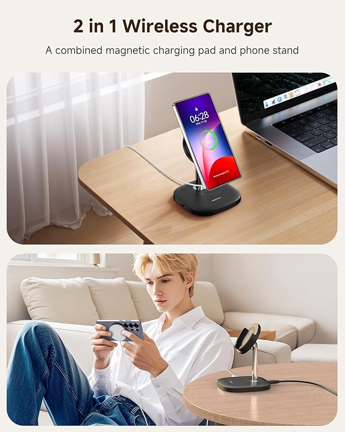 Magnetic Charger Stand for Samsung S26 Ultra/S26+/S26/S25/S24/Z Flip7/Z Flod7 & iPhone Air/17/16/15/14/13/12, Detachable Wireless Charging Station Compatible with MagSafe