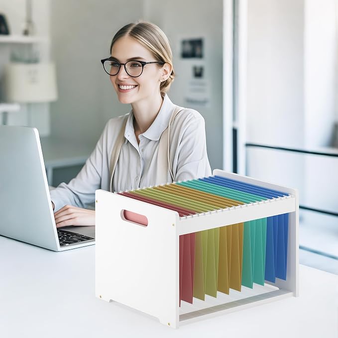 Hanging File Organizer Box for Letter Size, Bamboo File Folder Organizer, Storage Moving Boxes with Handle Wood Desk Filing Box for Office Banker Document