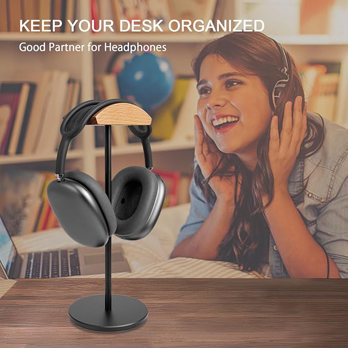 Headphone Stand for Desk - Gaming Headset Stand with Wooden Support Plate, Headset Holder with Aluminum Alloy Support Rod