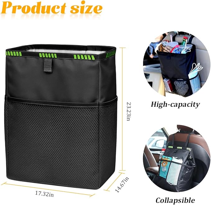 Car Trash Bag, Leak-Proof Large Capacity 3.4 Gallons Hanging Vehicle Trash Bin with Storage Pocket, Multipurpose Portable Auto Garbage Bag for Travel, UniversalFit (Black/Green)