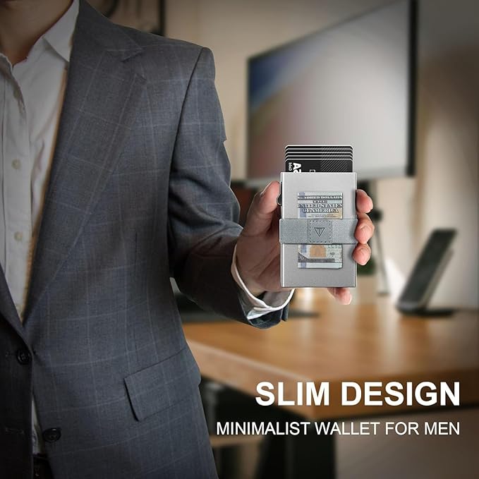 TOYFID Minimalist Wallet for Men,Slim Wallet Compatible with AirTag,Card Holder Metal Wallet,Pop Up Wallet,Metal Card Holder,Quick Access Card,Rfid Blocking Protection,Hold 12+ Credit Cards (Silver)