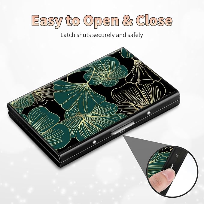 Slim Credit Card Holder, Art Leaf RFID Blocking Metal Wallet for Men & Women, Aluminum Minimalist Hard Case Pocket-Sized Business Cards Organizer (Fits Up to 10 Cards)