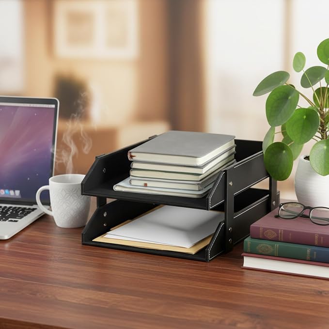 Leather Desk File Organizer 2-Tier Stackable Letter Tray Holder Desktop Organization Holder for Document, Magazines, Newspapers, Letters, and Other Home Office Paper Sundries, Black