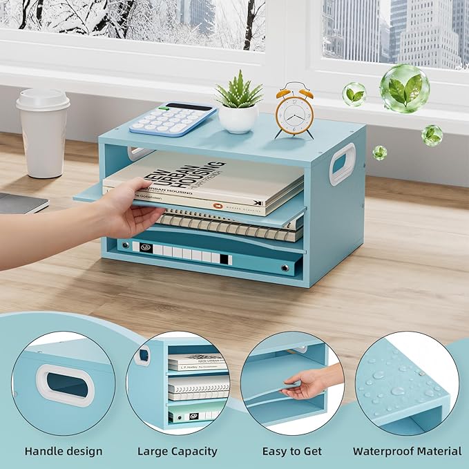 Marbrasse 3-Tier Wood Desk Organizer, Paper Letter Tray Organizer for Desk, Wooden Desktop File Organizer with Handle and Paper Sorter Mail Holder for Office School & Home Supplies Organization-Blue