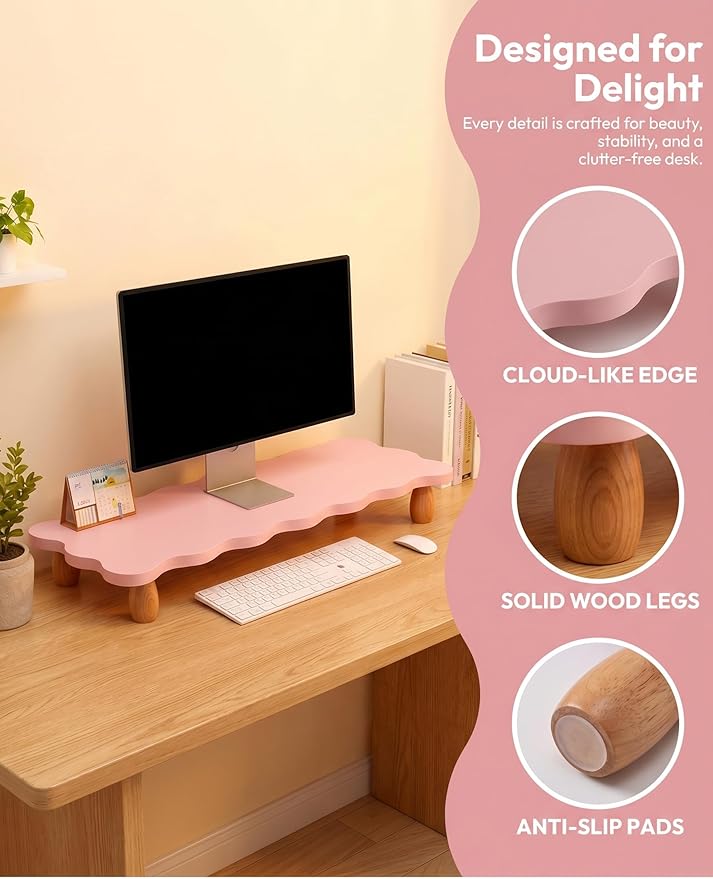 Monitor Stand Riser, Cloud-Shaped Sturdy Wood Computer Monitor Riser, Laptop Monitor Stand, Multi-Purpose Desktop Organizer Riser for Computer, Laptop, Printer, TV (Pink)