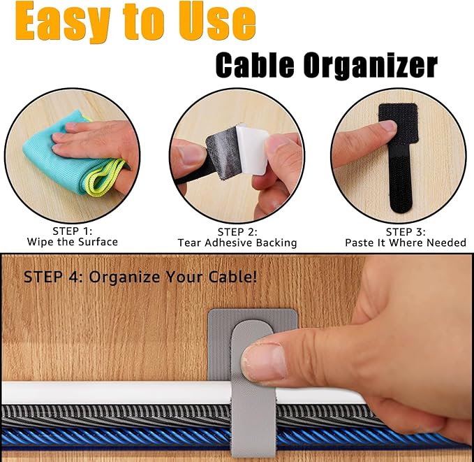 80PCS Hook and Loop Cable Straps, Cable Management Under Desk, Adhesive Cable Tie, Reusable Wire Organizer for Cords, Cord Management, Computer Accessories for Desk, Home Office Essentials, Black+Gray