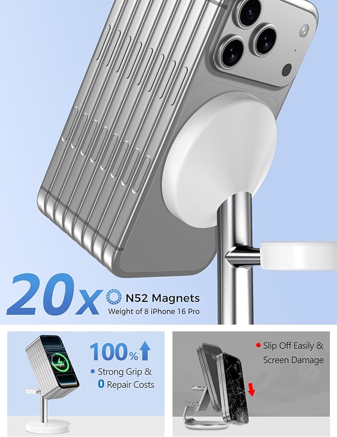 2026 3 in 1 Wireless Charging Station Compatible with MagSafe, 15W Fast Magnetic Mag-Safe Charger Stand for Apple iPhone 17 16 15 14 13 12 Series iWatch AirPods Pro 4 3 2, SilverWhite