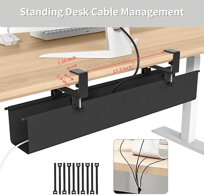 Under Desk Cable Management Tray, 36” Fabric No Drill Clamp Mount Cord Organizer for Desk, Heavy Duty Wire Management for Office Home, Black