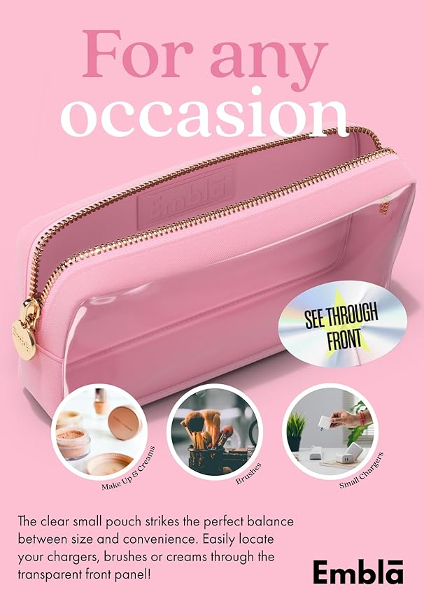 Embla Medium Clear Makeup Bag Travel for Toiletries Cute Make Up Nylon Organizer Pouches Quart Size Cosmetic Bags for Women Girls Zipper Toiletry Skincare Pouch Organizer for Purse Light Pink