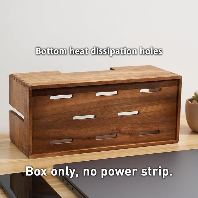 Acacia Wood Cable Management Box, Wooden Cord Hider & Organizer for Power Strip, Electrical Hiding, TV Wires, Desk & Floor Cables - Office Under Desk Cable Storage Box for Wire