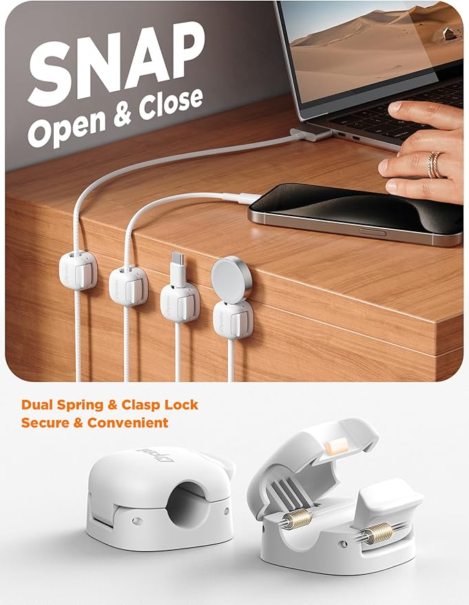6Pack Cord Organizer, Chfeila Compact Dual Spring & Clasp Lock Cable Management Clips, Adhesive Phone Charger Keeper, Wire Holder for Nightstand/Wall/Car, Home Office Desk Accessories Decor Essentials