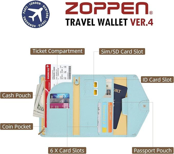 ZOPPEN Mulit-purpose Rfid Blocking Passport Holder Travel Wallet (Ver.4) Passport and Vaccine Card Holder ComboTri-fold Document Organizer Travel Essentials
