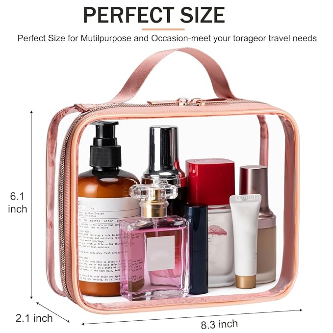 MODENGKONGJIAN TSA Approved Clear Toiletry Bag, 2 Pack Clear Quart Size Travel Makeup Cosmetic Bags with Handle Large Opening, Carry on Airport Airline Compliant Bag for Women Men (Gold)