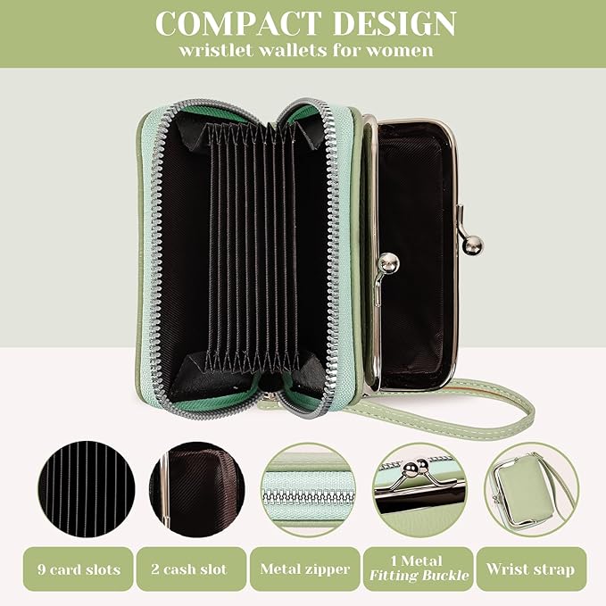 Women's RFID Blocking Wristlet Wallet - 2-in-1 Zip-Around with Coin Purse & Card Slots - Vegan Leather with Secure Clasp (Gift Ready)(Green)