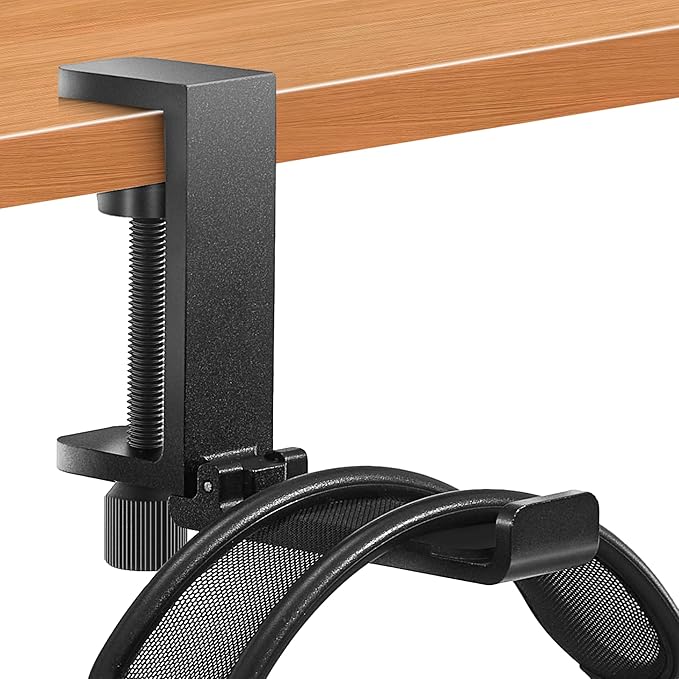 Metal Heavy Duty Foldable Headphone Holder for Desk, Headset Stand for Desk,Backpack Holder Hook for Desk,Bag Hook Under Desk,Clamp Hook for Desk Attachments,Black