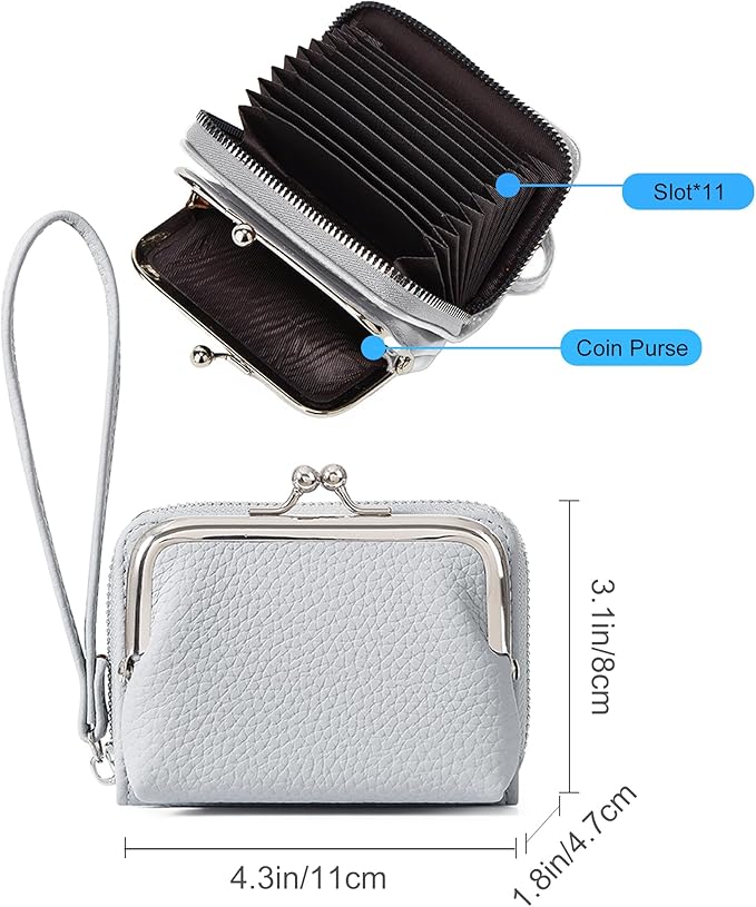 Women's Pebble Leather Wristlet Wallet, 2-in-1 Zip-Around Credit Card Holder with Kiss Lock Coin Purse, Cute Change Purse with Secure Clasp & Card Slots (Light Grey, Small)