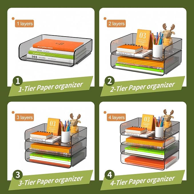 FANXIYQ 4-Tier Acrylic Paper Tray Organizer, Clear & Brown Stackable Desk File Organizer for Documents, Mail, Homework & Notebooks, Decorative Letter Tray for Home Office, Classroom & Study Desk