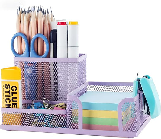 M&G Mesh Pen Holder Desk Organizers Pencil Holder for Desk Purple, 3 Compartments Metal Office Supply Organizer with Sticky Notes Holder for Home Office