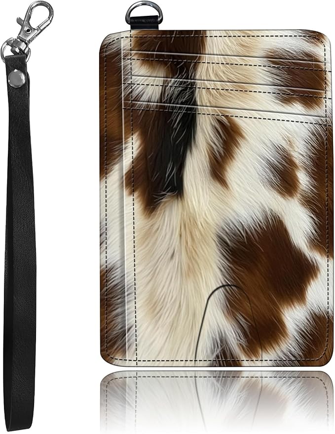 Slim Minimalist Front Pocket Wallet,Credit Card Holder Wallet for Women Men,RFID Blocking Credit Card Holder Case Leather Cute Small Thin Wallet ID Window&Wrist Strap,Brown White Fur Print