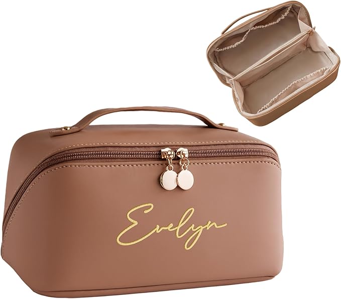 Personalized Travel Makeup Bag, Large Capacity Cosmetic Bags for Women, PU Leather Water-Resistant Portable Pouch Open Flat Toiletry Bag Make up Bag with Divider and Handle (Khaki)