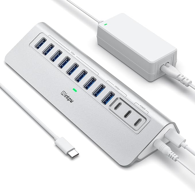 Powered USB Hub 10Gbps, intpw YH9AC 12 Port USB C Hub with 10Gbps USB C 3.2+2 USB A 3.2, 7 USB 3.0, 2 PD 45W Charging Port, 65W Power Adapter + 3.3FT Cable, Aluminum USB Hub for Laptop/iPhone 17/16/PC