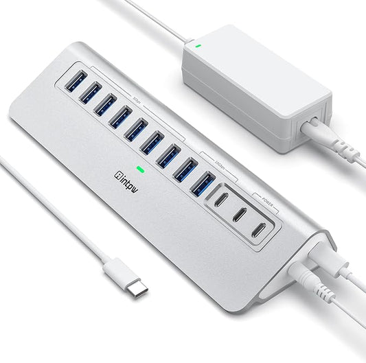 Powered USB Hub 10Gbps, intpw YH9AC 12 Port USB C Hub with 10Gbps USB C 3.2+2 USB A 3.2, 7 USB 3.0, 2 PD 45W Charging Port, 65W Power Adapter + 3.3FT Cable, Aluminum USB Hub for Laptop/iPhone 17/16/PC