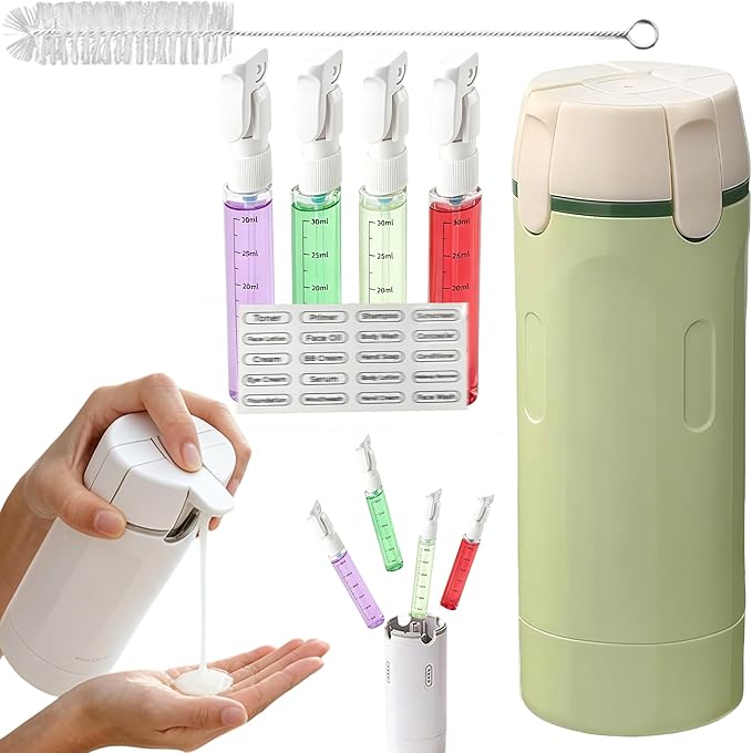 4 in 1 Travel Dispenser Bottle, 4 Pack 30ml Portable Leakproof Rotatable Travel Dispenser Set with Label, Suitable for Storing Shower Gel, Shampoo, Laundry Detergent, for Travel, Camping (Green)