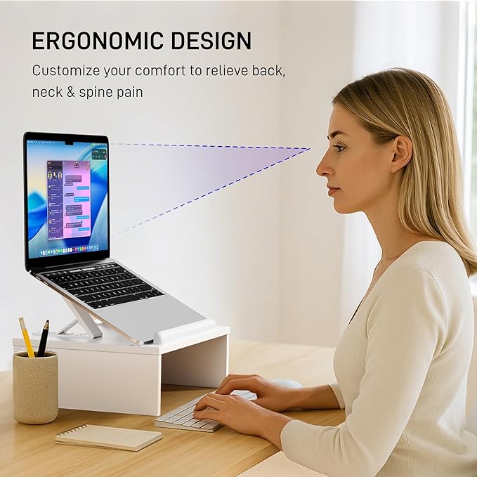 Adjustable Wood Laptop Stand with Storage Space - Notebook Organizer & Ergonomic Computer Riser, Wrist Rest Included, Compatible with 9.8-15'' Laptops (MacBook Air Pro/HP/Dell/Lenovo),White